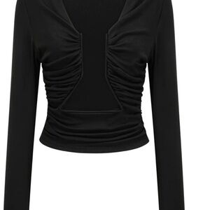 Women's Black Ruched Front Cutout Long Sleeve Crop Top